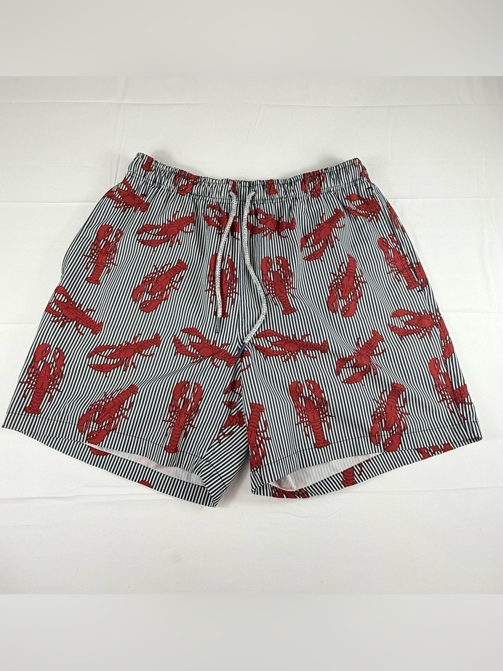RAINFOREST Men's Red Lobster Print Swim Trunks on Navy Stripe